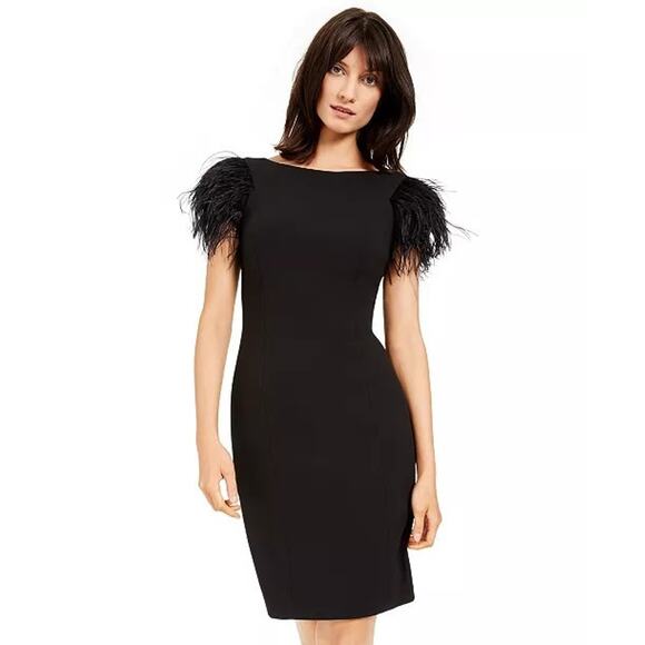 Calvin Klein Faux-Feather Sheath Dress Size 6 NWT Black Cocktail $169 Gatsby - Picture 1 of 11